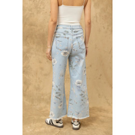 Jean à motif floral wideleg