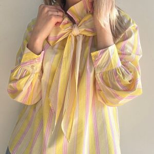 chemisier grande taille à rayures jaune et rose col meringue laon reims soissons