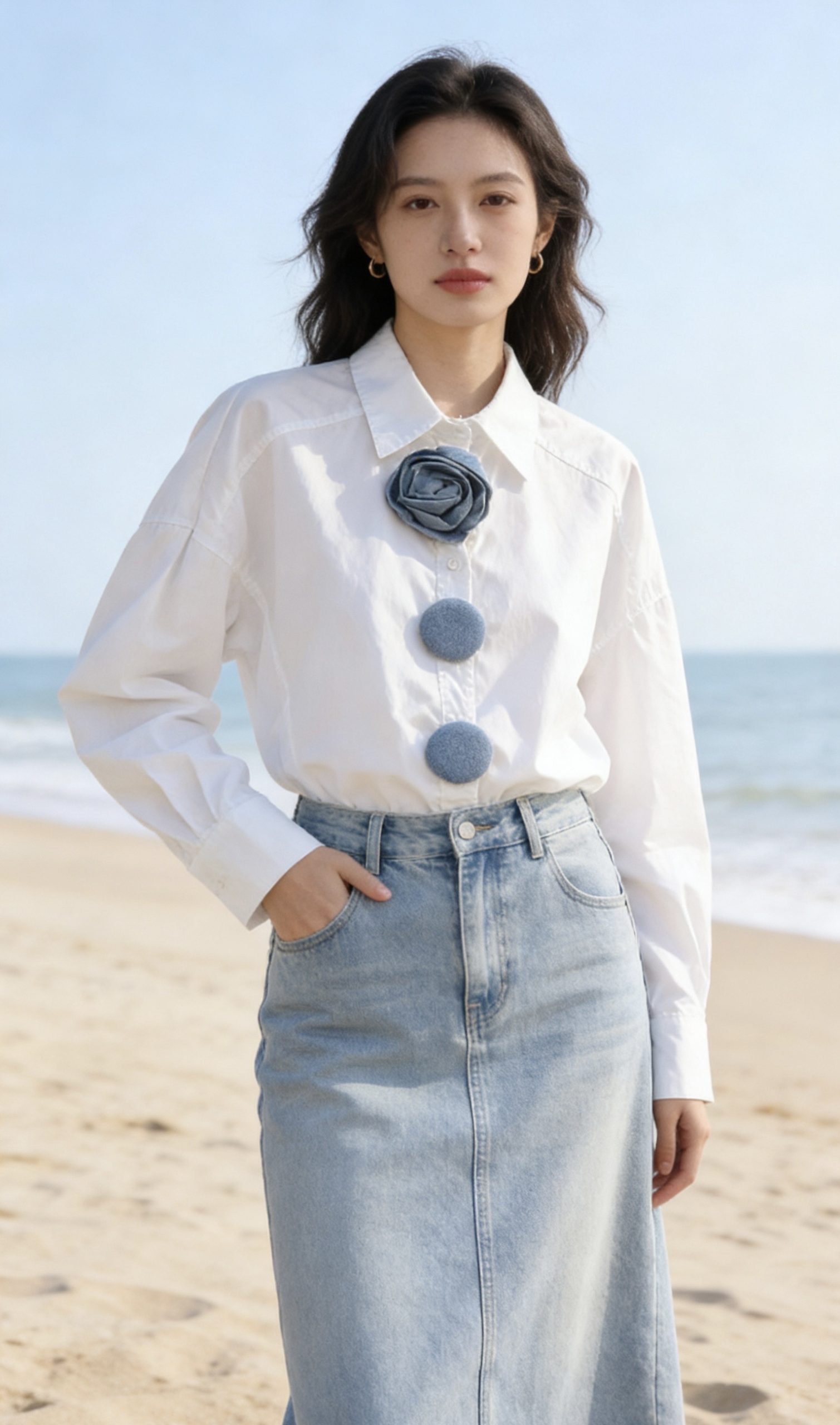 chemisier carla gianini paris reims soissons mderne chic bohème blanc avec des boutons en jean forme de fleurs oversize coupe large et fluide