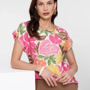 top botanique rose jaune et vert avec des rayures marron clair