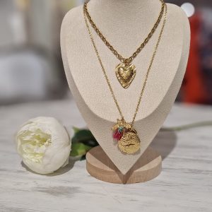 collier double pampilles coeur rose acier tendance mode laon reims paris soissons