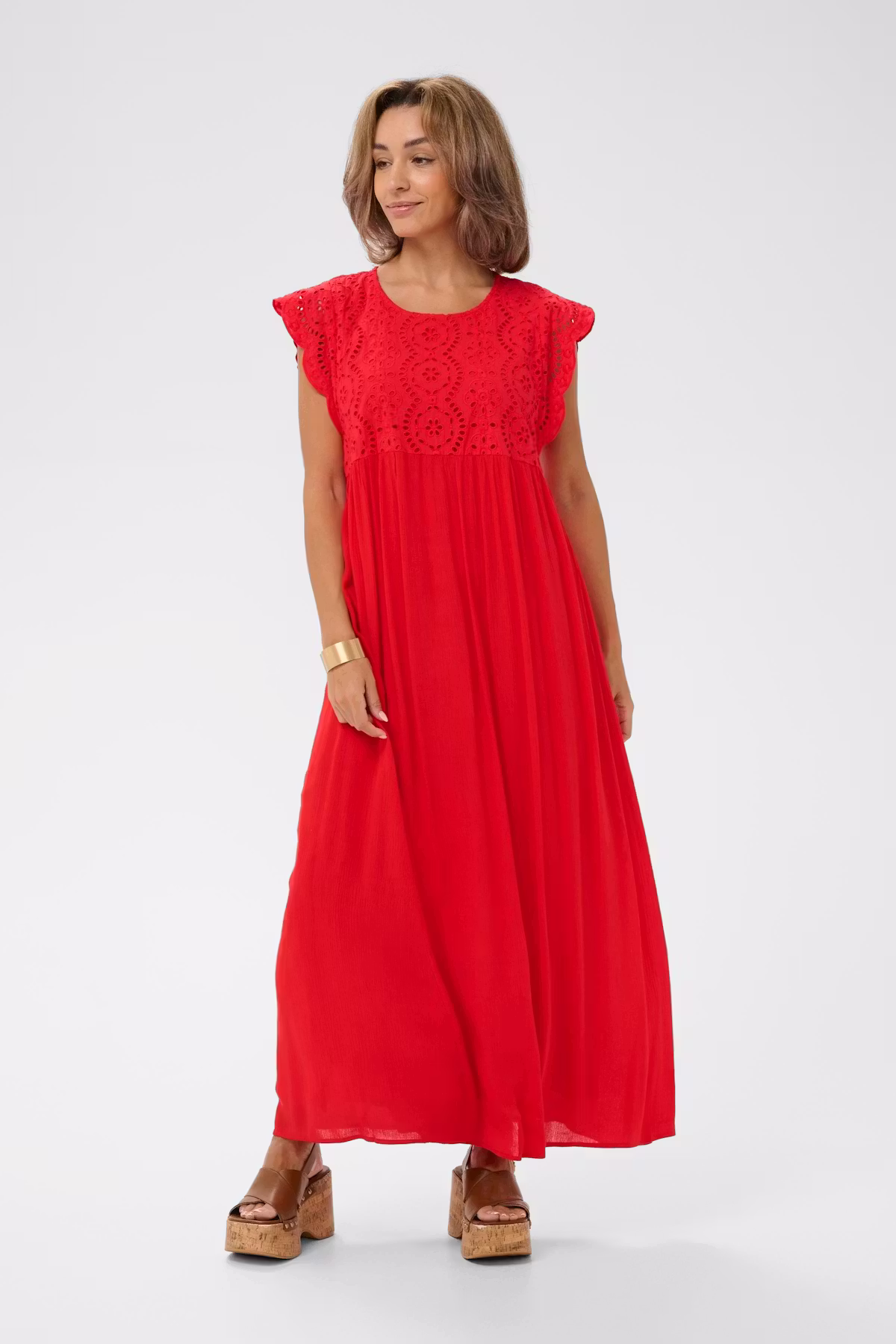 robe longue texturé au niveau de la poitrine couleur rouge vif