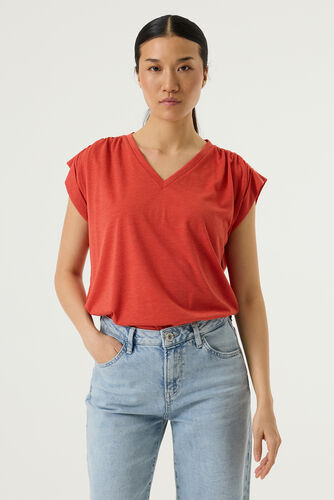 top tee-shirt orange avec du lurex or smocké sur l'épaule