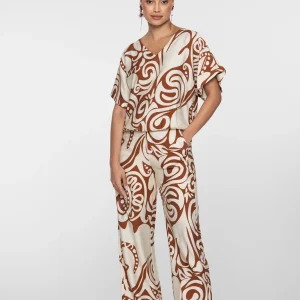 pantalon fluide chic de la marque geisha camel et beige motifs fleurs psychédélique