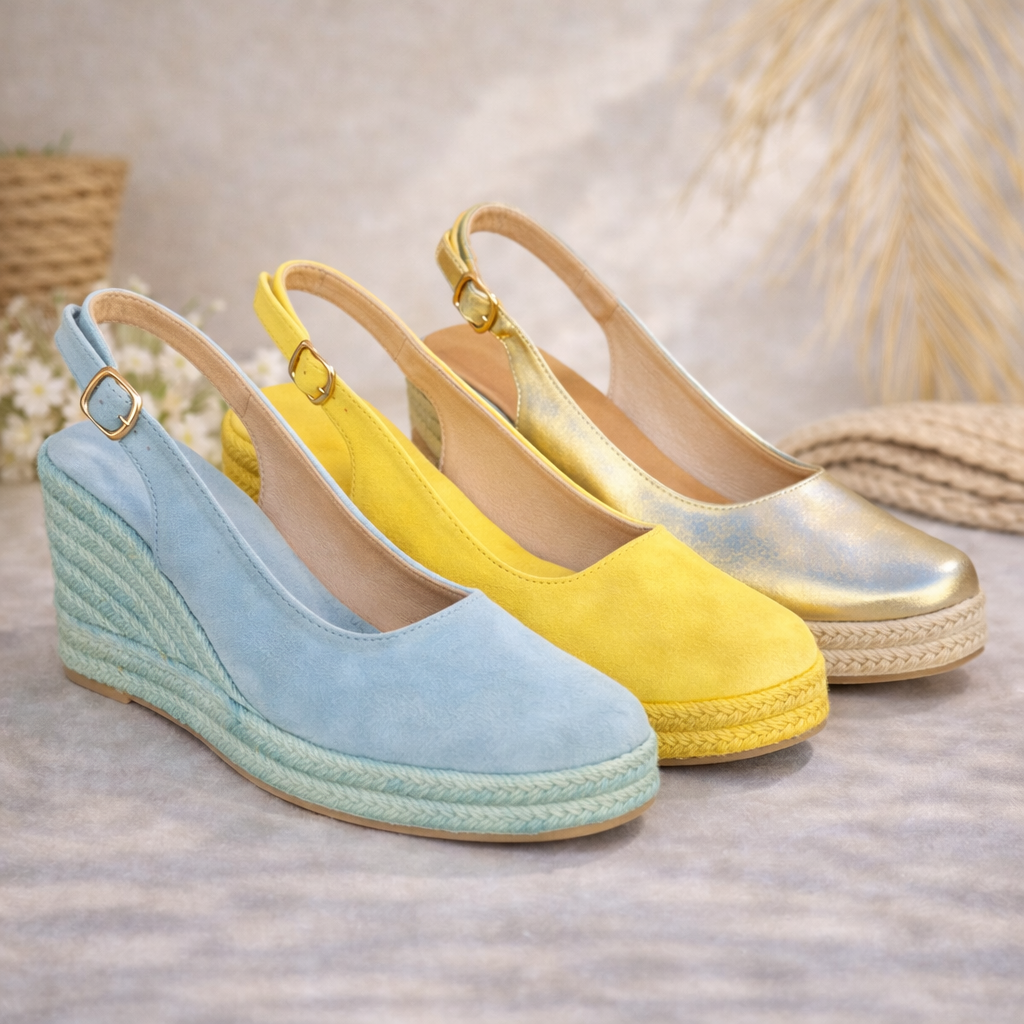 Sandales espadrilles compensés couleur bleues jaunes et or
