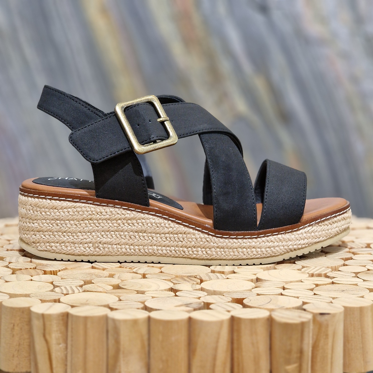 sandale compensée noire Chattawak cuir sandale femme noire avec bride ajustable sandale compensée ouverte cuir confortable sandale noire semelle corde compensée sandale femme style espadrille compensée noire sandale été femme noire élégante