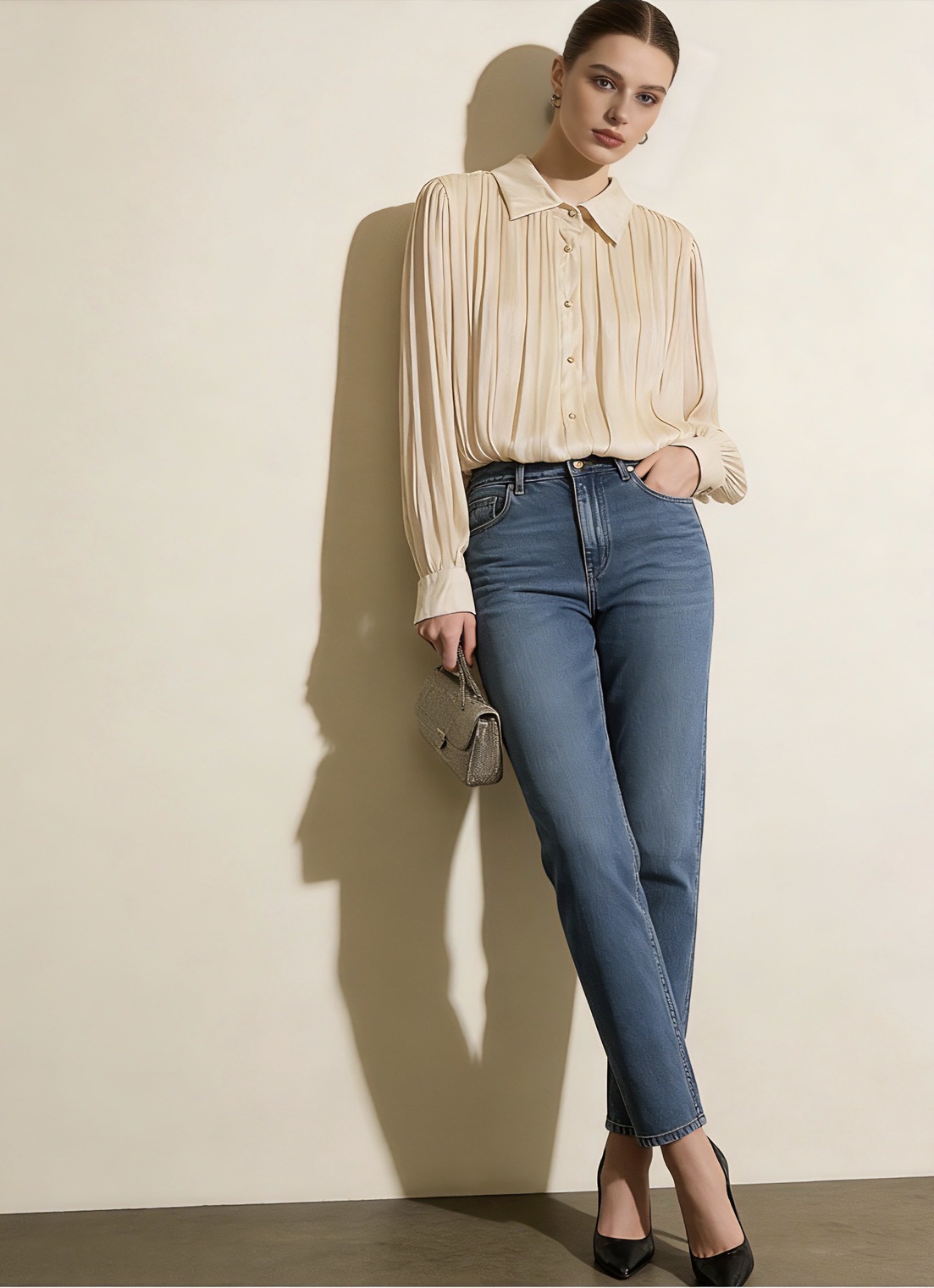 chemisier cérémonie femme, tenue élégante femme, blouse habillée femme, chemisier féminin tendance, blouse fluide femme, chemisier col chemise, mode femme chic, chemisier sophistiqué, blouse beige tendance, tenue mariage invitée,