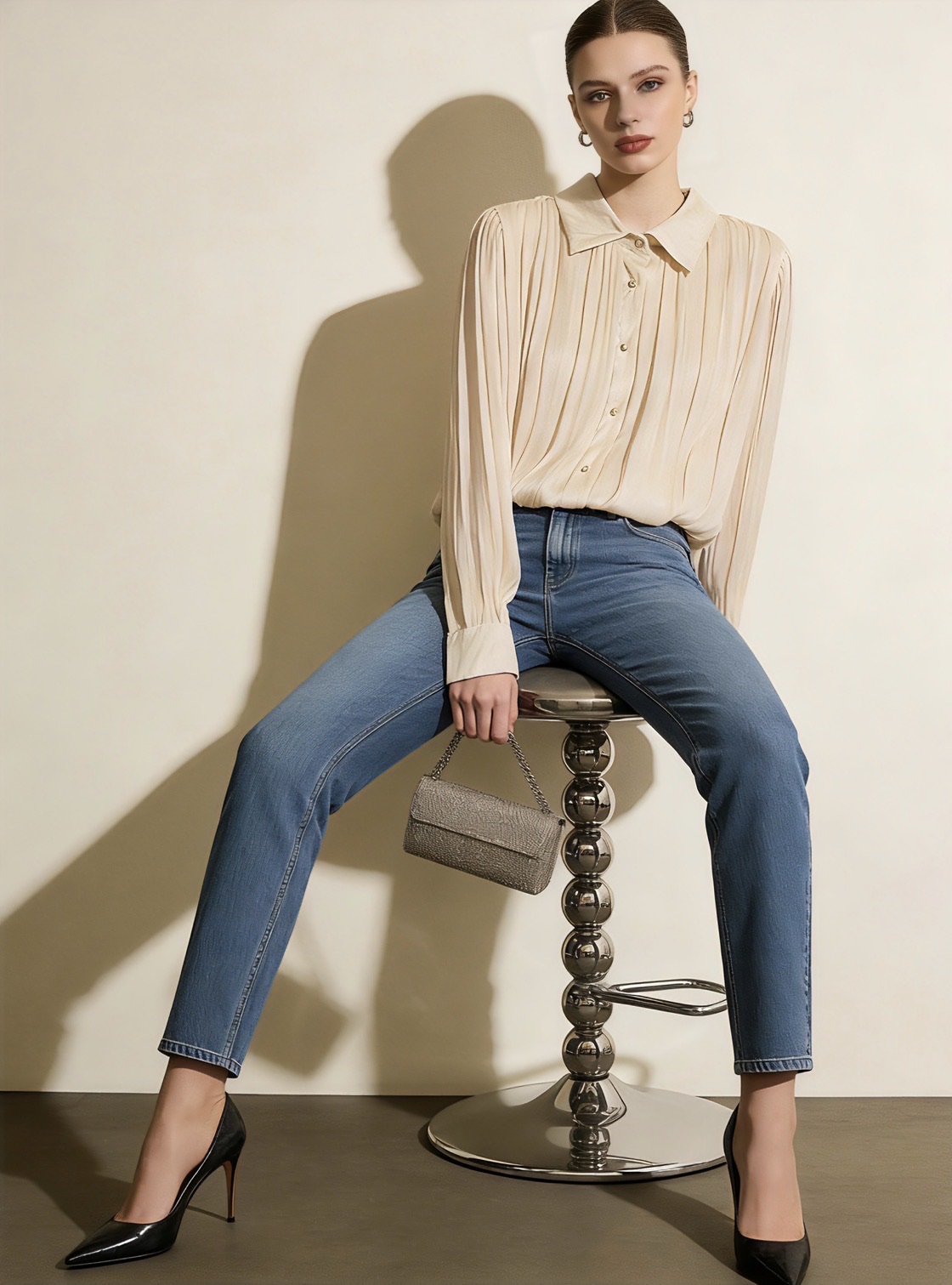 chemisier beige femme, chemisier satiné femme, blouse beige élégante, chemisier manches longues femme, manches boule femme, blouse manches bouffantes, chemisier plissé femme, chemisier chic femme, blouse satinée beige