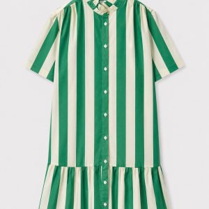 robe courte rayée femme, robe verte et écrue, robe rayures vertes, robe chemise femme, robe boutonnée femme, robe manches courtes femme, robe col volanté, robe courte tendance