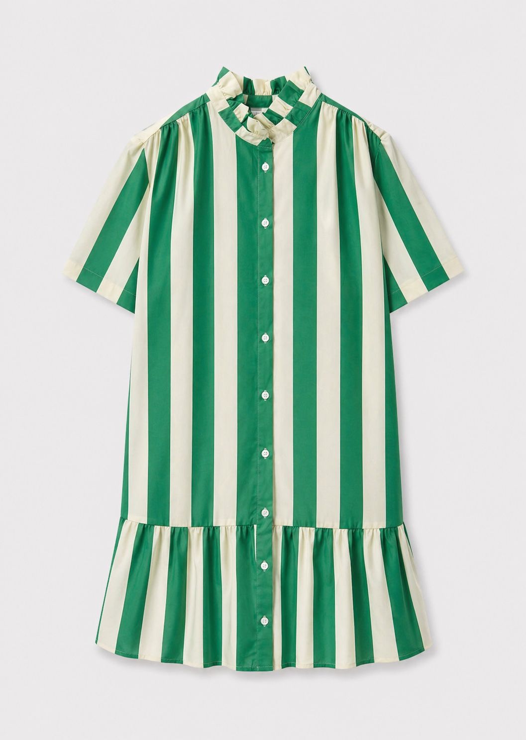 robe courte rayée femme, robe verte et écrue, robe rayures vertes, robe chemise femme, robe boutonnée femme, robe manches courtes femme, robe col volanté, robe courte tendance