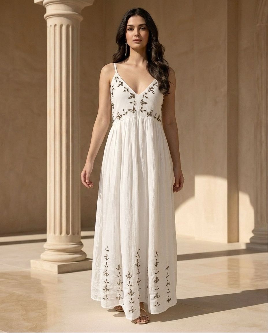 robe longue bohème femme, robe blanc cassé femme, robe bohème chic, robe longue cérémonie, robe mariage champêtre invitée, robe brodée femme, robe à bretelles fines, robe estivale femme, robe fluide élégante, robe romantique femme, robe bohème blanche
