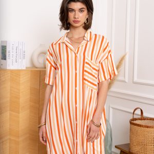 robe chemise femme, robe courte rayée femme, robe rayures orange, robe orange et écrue