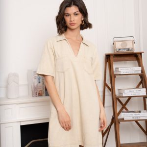 robe beige femme, robe courte beige, robe effet jean femme, robe jean légère femme, robe col polo femme