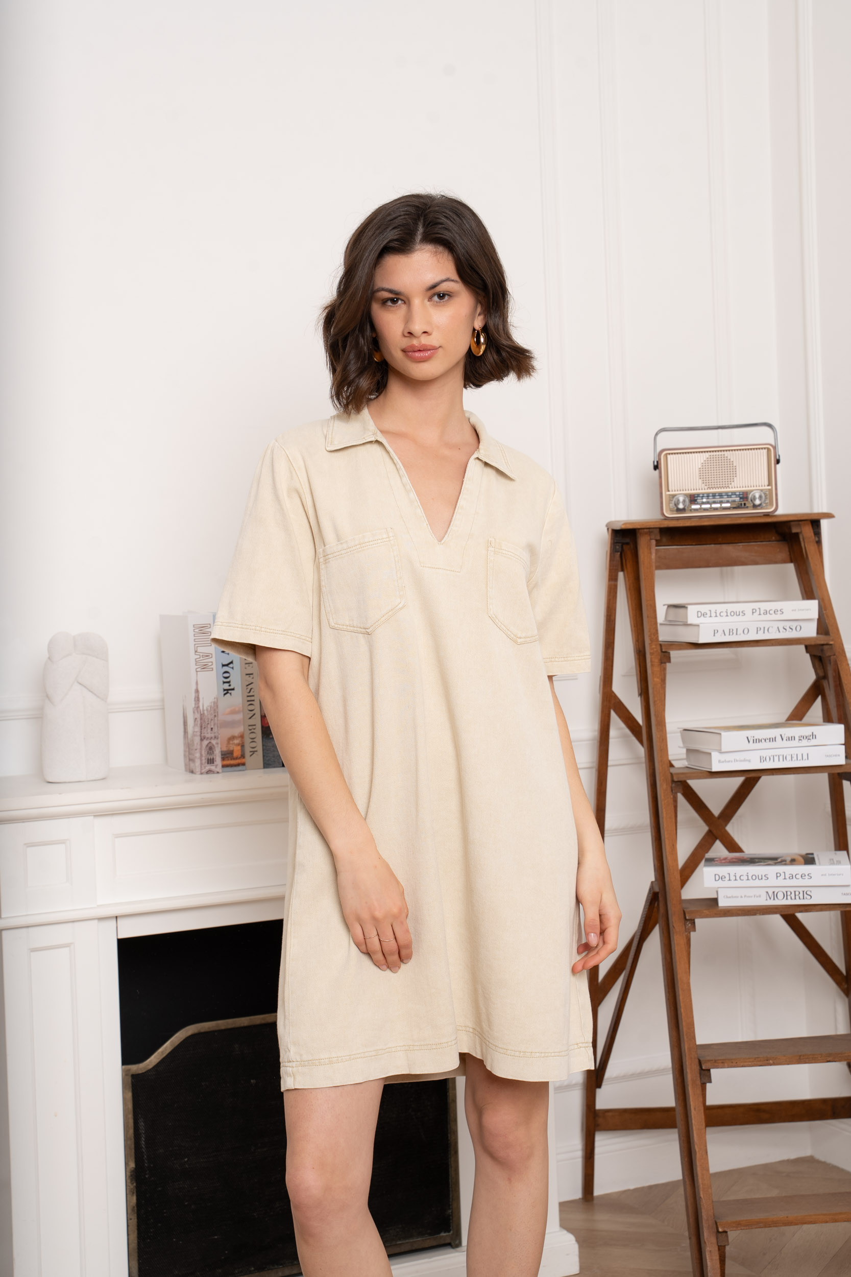 robe beige femme, robe courte beige, robe effet jean femme, robe jean légère femme, robe col polo femme