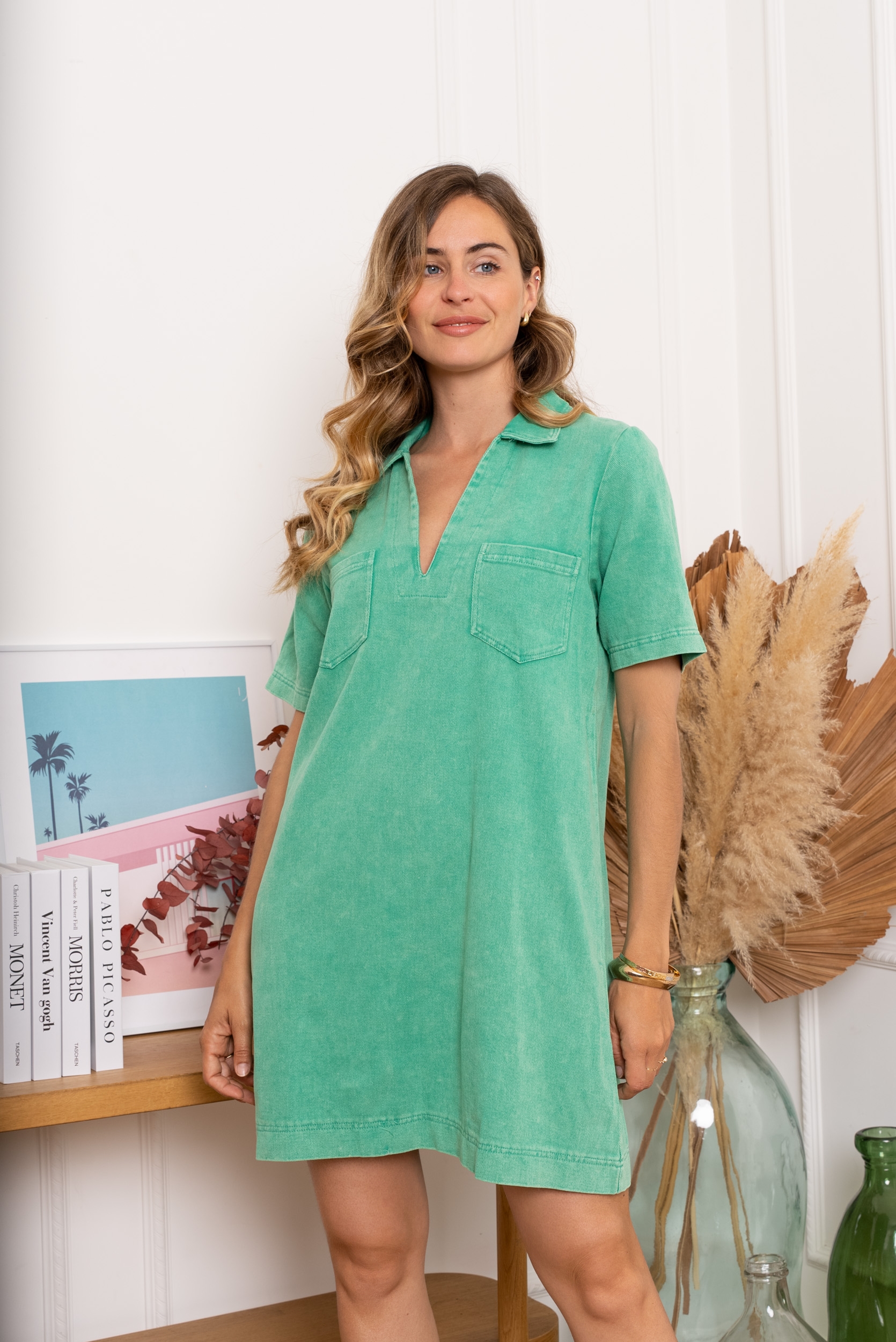 robe jean femme, robe effet jean légère, robe courte verte femme, robe vert d'eau femme,
