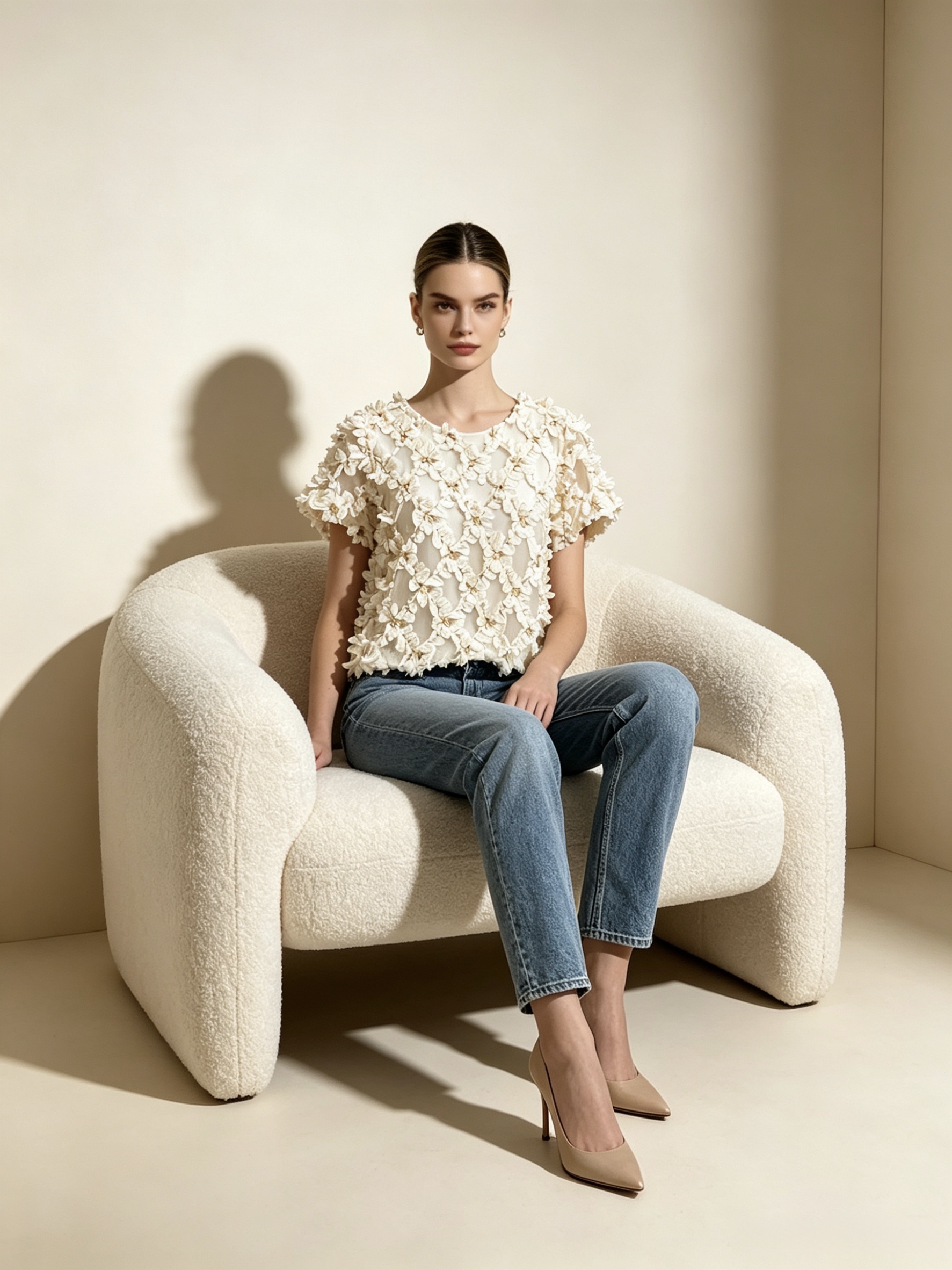 top beige femme, blouse beige élégante, top fleurs relief, blouse fleurs 3D, top cérémonie femme, tenue mariage invitée, blouse chic femme, top manches courtes femme,