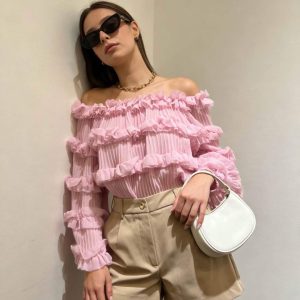 top rose femme, top bohème chic, blouse rose poudré, top froufrous femme, blouse romantique femme, top cérémonie femme, blouse manches longues, top transparent femme, blouse légère femme, top volanté femme,