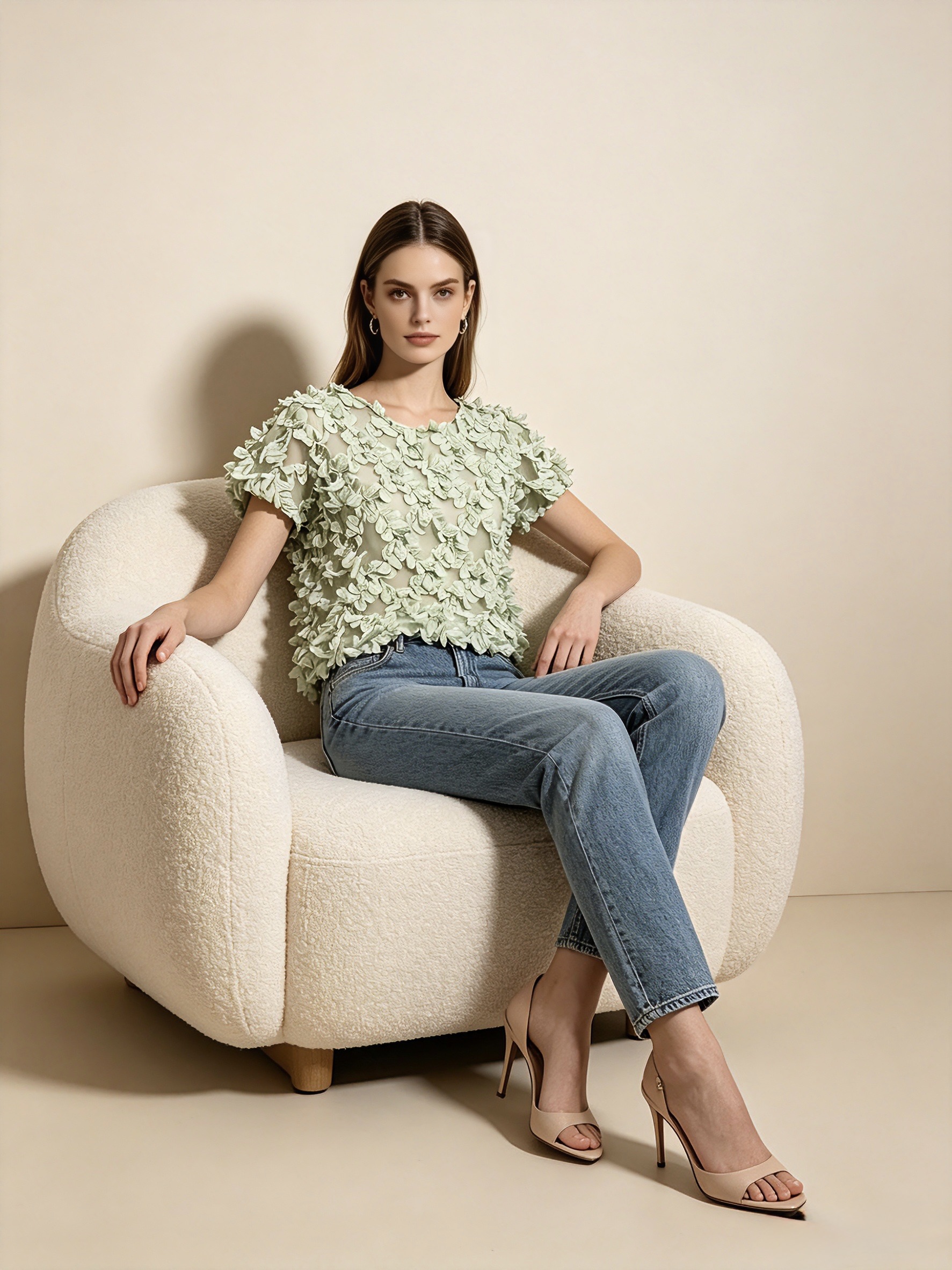 vêtement cérémonie femme, blouse romantique, top raffiné femme, mode féminine chic, tenue baptême femme, blouse habillée, top fleuri tendance, blouse vert pastel, top élégant quotidien, vêtement femme bohème chic,