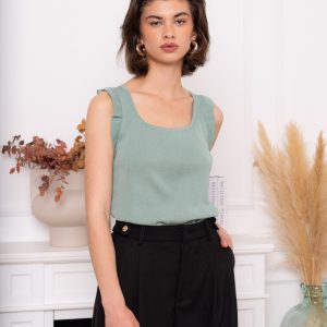 débardeur femme, débardeur maille, débardeur vert, débardeur vert d'eau, top en maille femme, débardeur à volants, débardeur encolure carrée,