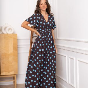 Robe longue à pois bleu fond café chic élégant cérémonie