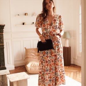 robe longue femme, robe longue fleurie, robe bohème chic, robe imprimé floral, robe col V, ô trésor de Margô