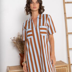 robe droite femme, robe rayée femme, robe bleu ciel, robe chocolat, robe courte femme, robe style jean,