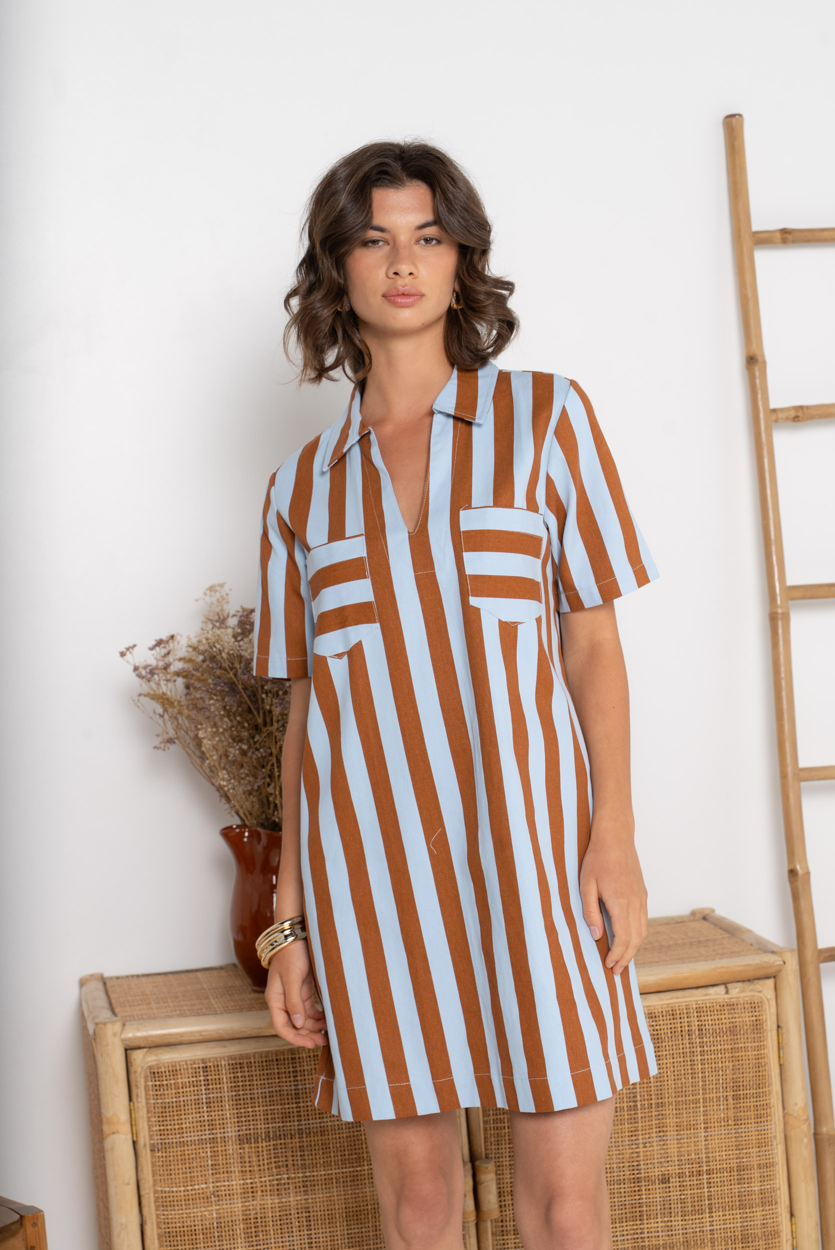 robe droite femme, robe rayée femme, robe bleu ciel, robe chocolat, robe courte femme, robe style jean,