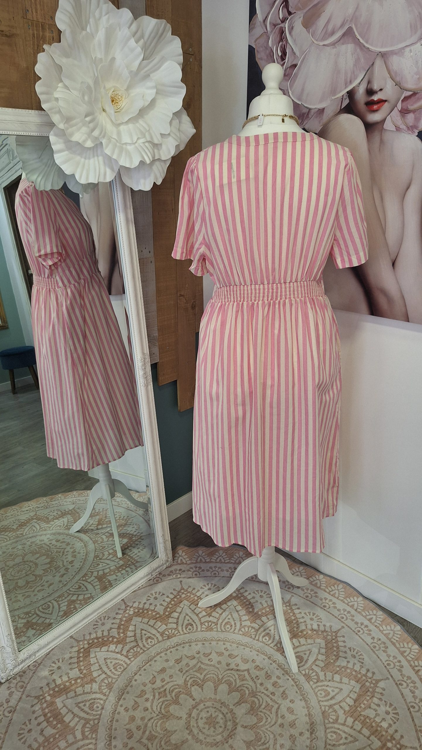 robe grande taille femme robe midi grande taille robe rayée rose robe rose femme robe col V robe boutonnée robe manches courtes robe fluide femme robe rayures verticales