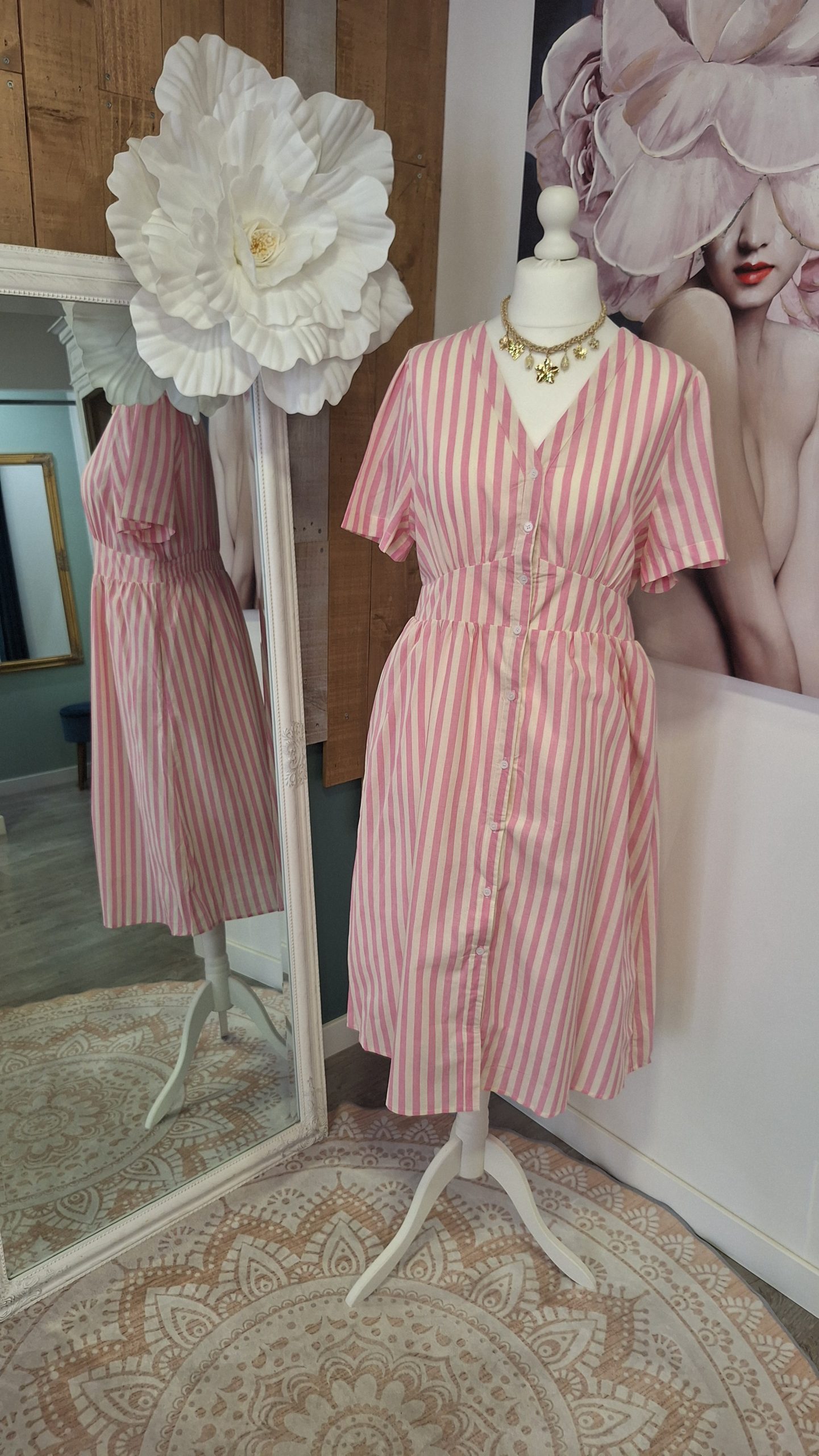 robe-midi-grande-taille-rayures-rose-col-v-boutonnee robe grande taille chic robe mode femme robe facile à porter robe quotidienne femme robe printemps été robe pour toutes les morphologies robe rayée élégante