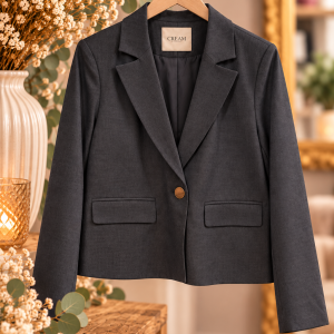 blazer gris femme, blazer gris CREAM, veste femme grise, veste courte femme, blazer court femme, veste tailleur femme, blazer chic femme, veste élégante femme, blazer anthracite femme, veste CREAM femme, veste habillée femme, blazer tendance femme, veste mode femme, blazer col tailleur, veste bouton doré, veste chic décontractée, prêt-à-porter femme, mode femme, boutique femme, Ô Trésor de MargÔ.