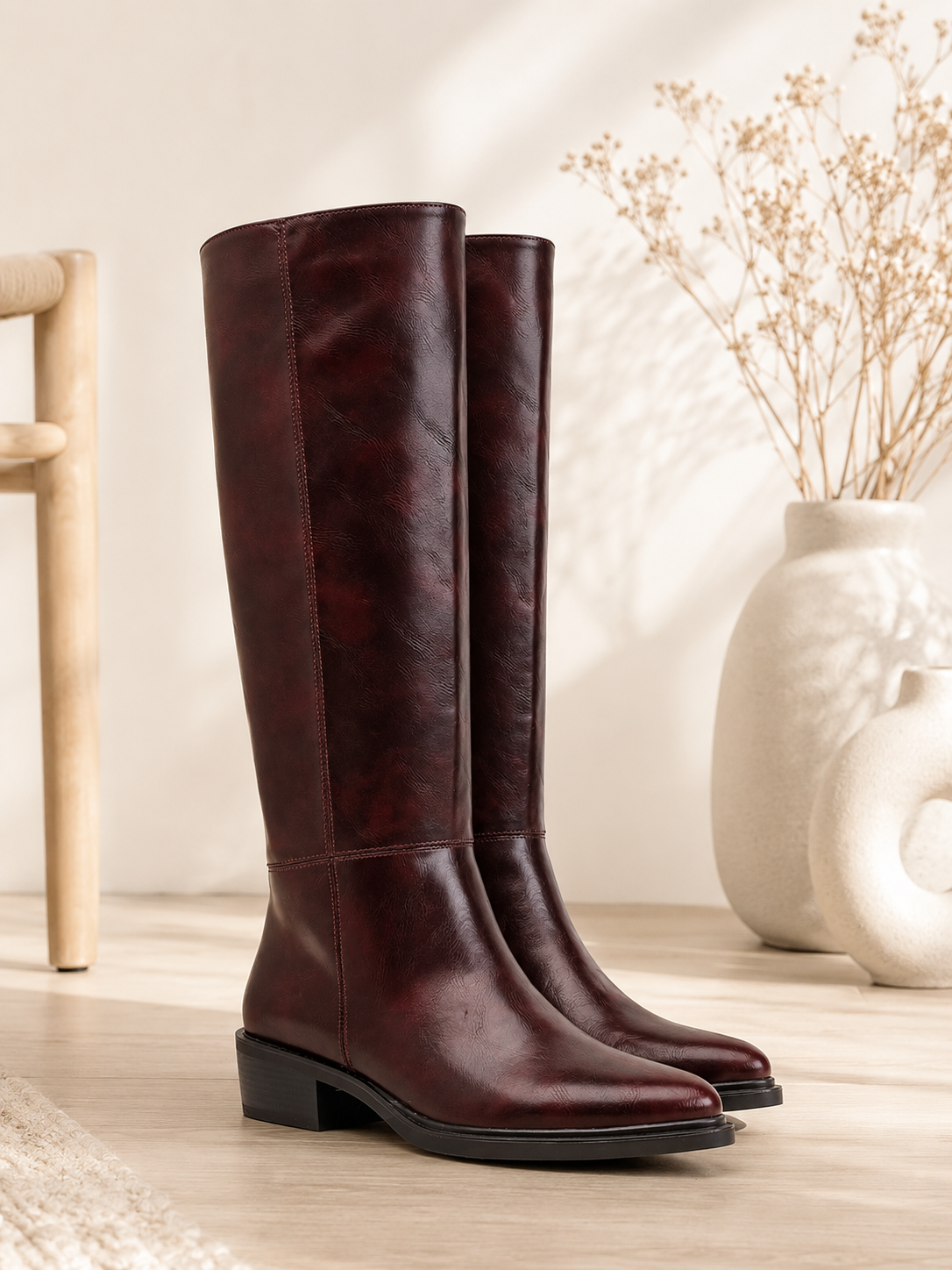Bottes hautes bordeaux aspect cuir
