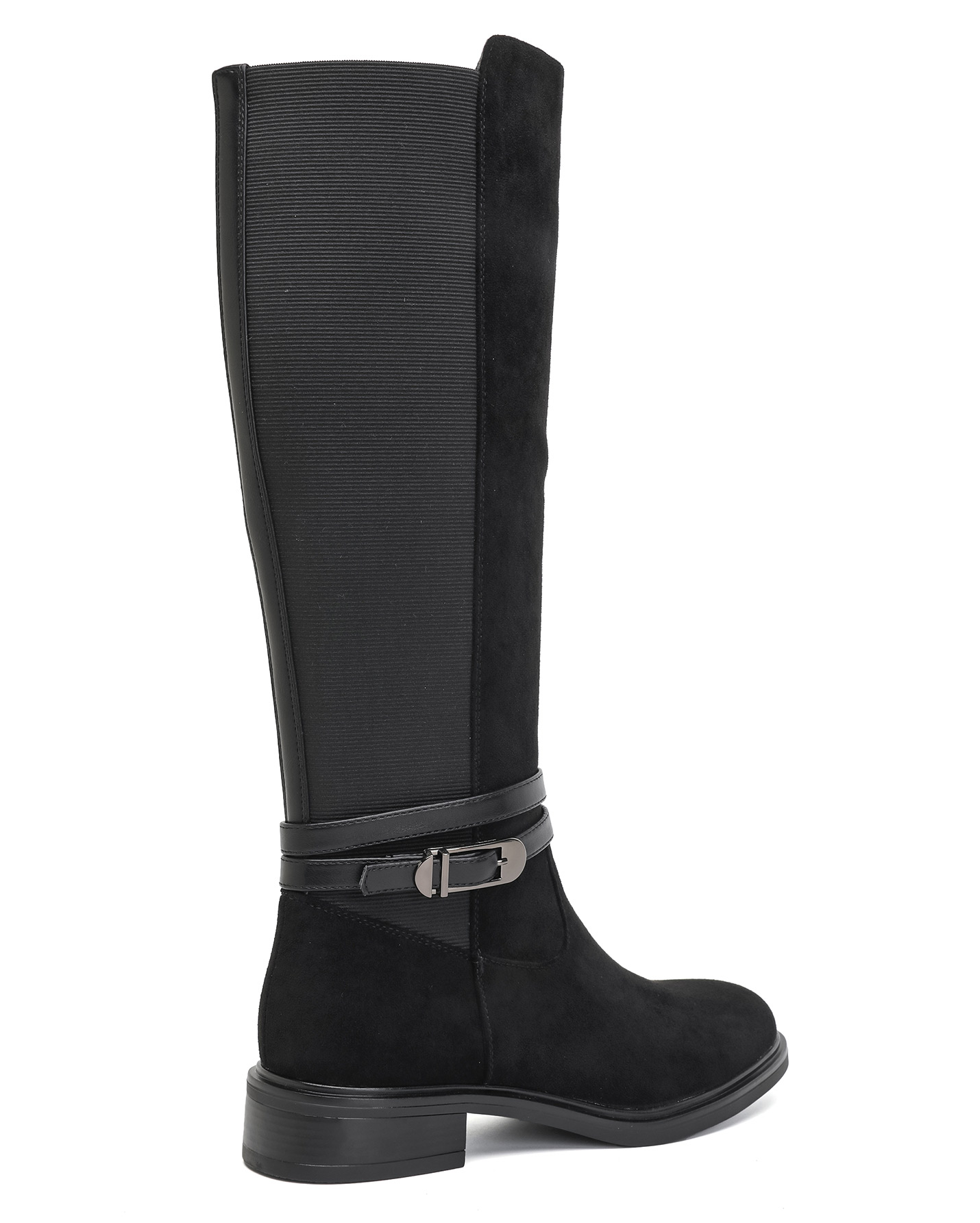 Botte noire femme Botte bout rond Botte mollet extensible Botte avec boucle Botte plate confortable Botte casual chic Botte mode femme Botte élégante noire Botte souple Botte facile à enfiler