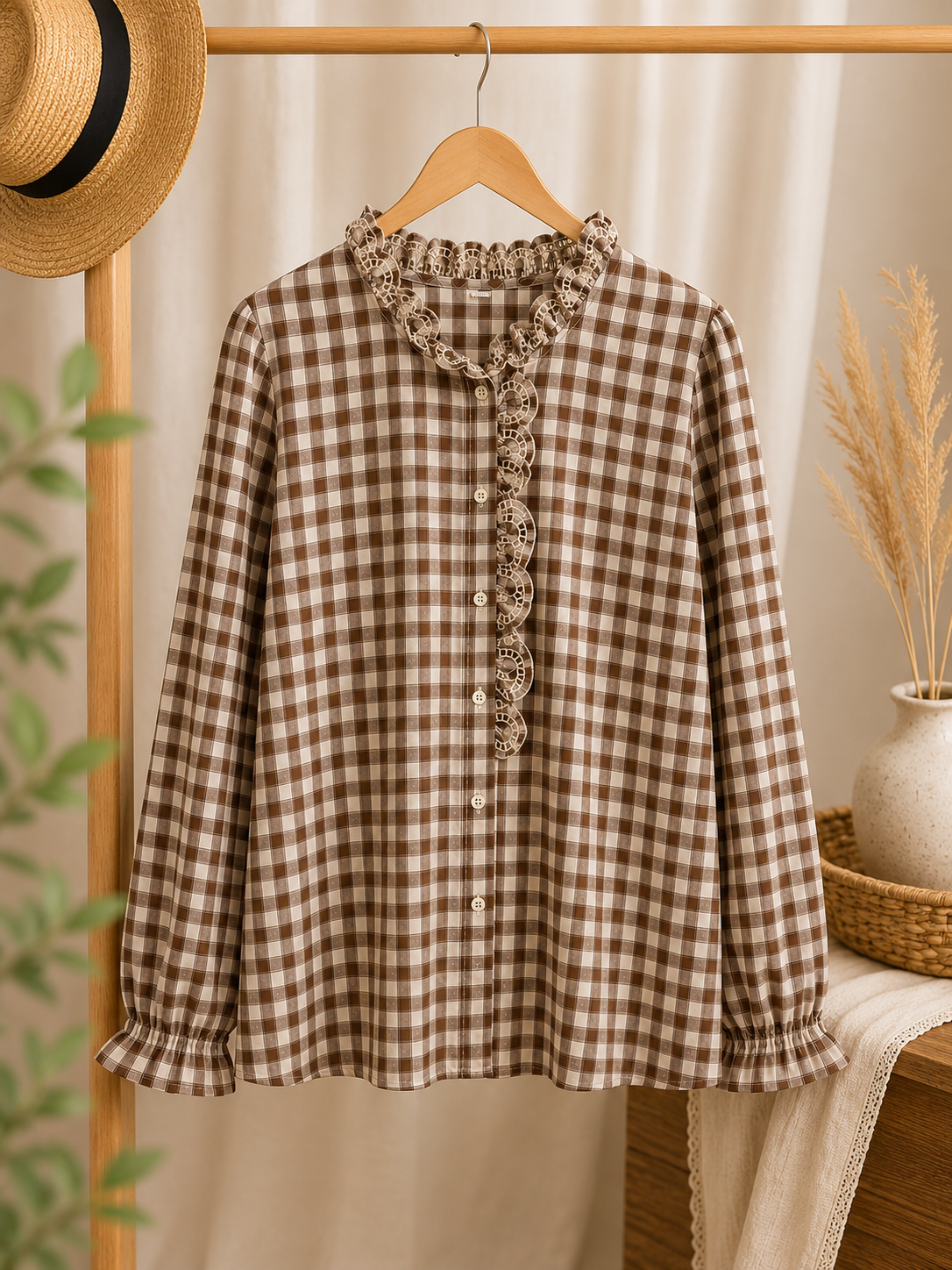 chemisier femme, chemisier à carreaux, chemisier vichy marron, chemisier beige femme, blouse bohème chic, blouse romantique, chemisier col volant, chemisier dentelle, blouse à manches longues, chemisier automne hiver, chemisier vintage, chemisier élégant femme, chemisier casual chic, blouse à carreaux femme, mode femme bohème, tendance automne, chemisier raffiné, boutique mode femme, Ô Trésor de MargÔ.