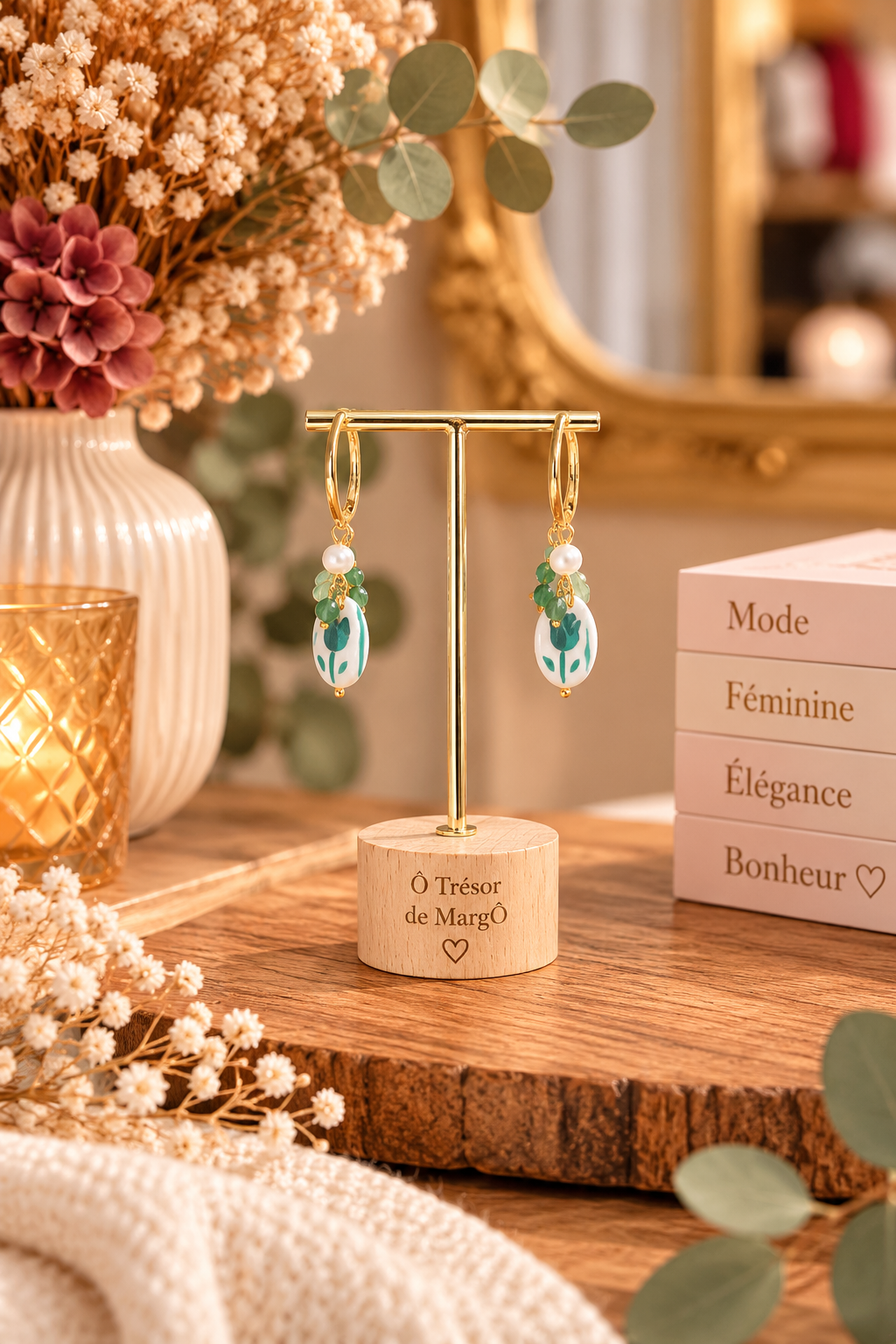 Les grandes créoles dorées Le joli mélange de nuances de vert Les pampilles et petites perles délicates Le médaillon blanc décoré de motifs verts Les détails dorés raffinés Leur esprit bohème chic et nature Leur originalité, tout en restant faciles à associer