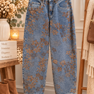 pantalon barrel CREAM, pantalon velours femme, pantalon velours effet jean, jean barrel femme, pantalon denim brodé, pantalon broderie chocolat, pantalon floral femme, pantalon CREAM femme, pantalon bleu femme, pantalon barrel tendance, pantalon velours bleu, jean brodé femme, pantalon bohème chic, pantalon femme tendance, pantalon casual chic, mode femme CREAM, Ô Trésor de MargÔ