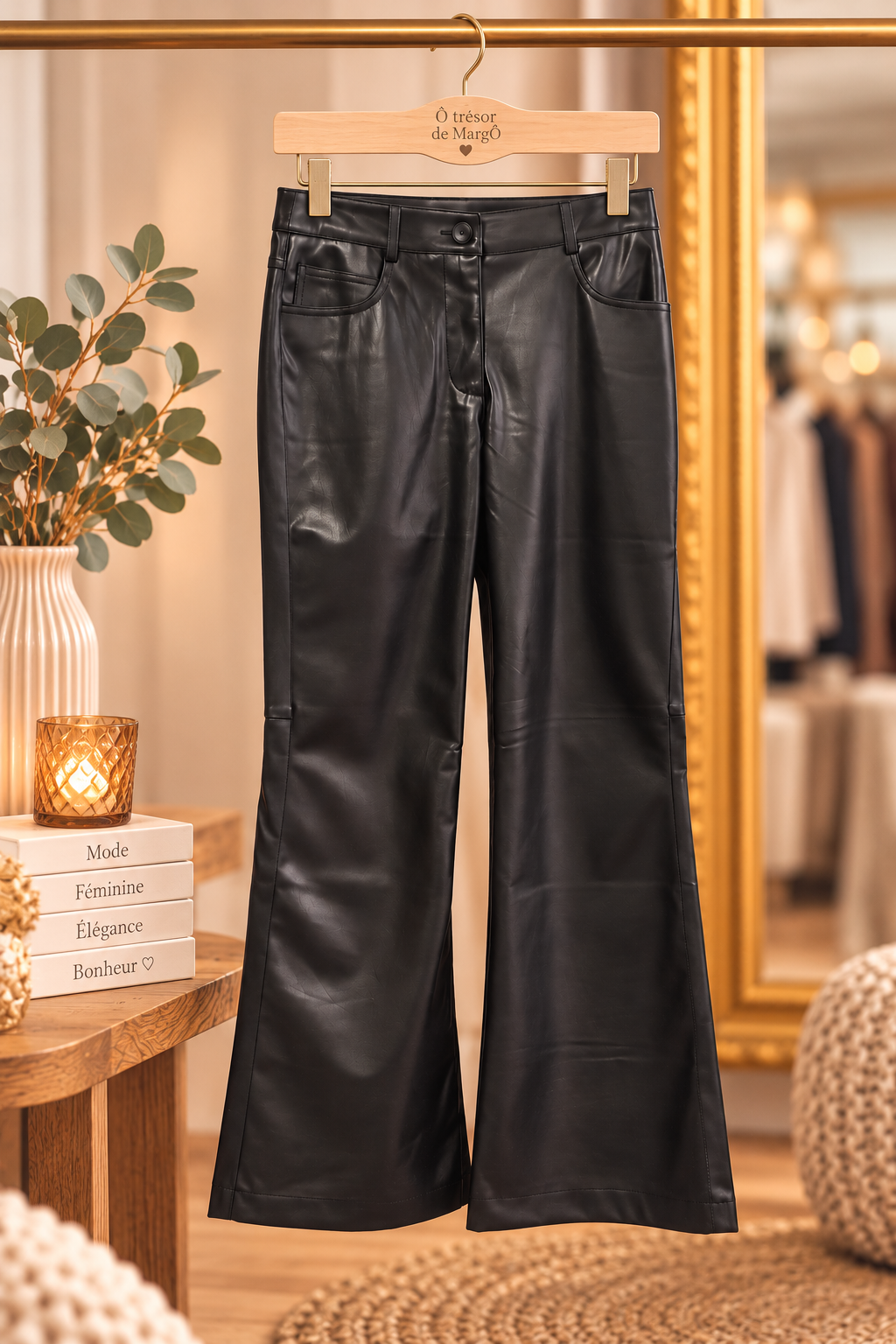 pantalon similicuir noir femme, pantalon noir femme GEISHA, pantalon bootcut noir, pantalon simili cuir femme, pantalon effet cuir noir, pantalon évasé femme, pantalon tendance femme, pantalon chic femme, pantalon mode femme, pantalon noir tendance, pantalon femme automne hiver, pantalon GEISHA femme, pantalon habillé noir, pantalon rock chic femme, pantalon bootcut femme, boutique femme Laon, Ô Trésor de MargÔ.