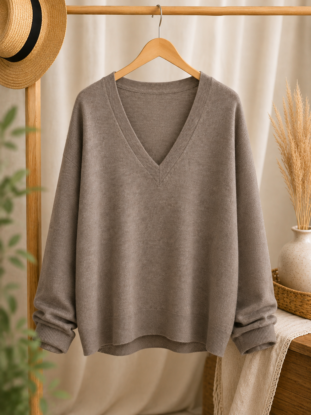 pull femme grande taille, pull col V femme, pull beige foncé, pull maille légère, pull oversize femme, pull confortable, pull casual chic, pull bohème chic, pull automne hiver, pull à superposer, pull pour chemisier, pull fluide femme, pull élégant, pull manches longues, maille fine femme, mode femme grande taille, vêtements femme tendance, boutique mode femme, Ô Trésor de MargÔ.