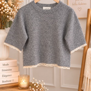 pull gris femme, pull gris CREAM, pull maille femme, pull gris dentelle, pull manches coude femme, pull manches courtes gris, pull dentelle femme, pull gris chiné, pull femme romantique, pull casual chic, pull maille douce, pull femme tendance, pull gris écru, mode femme CREAM, Ô Trésor de MargÔ