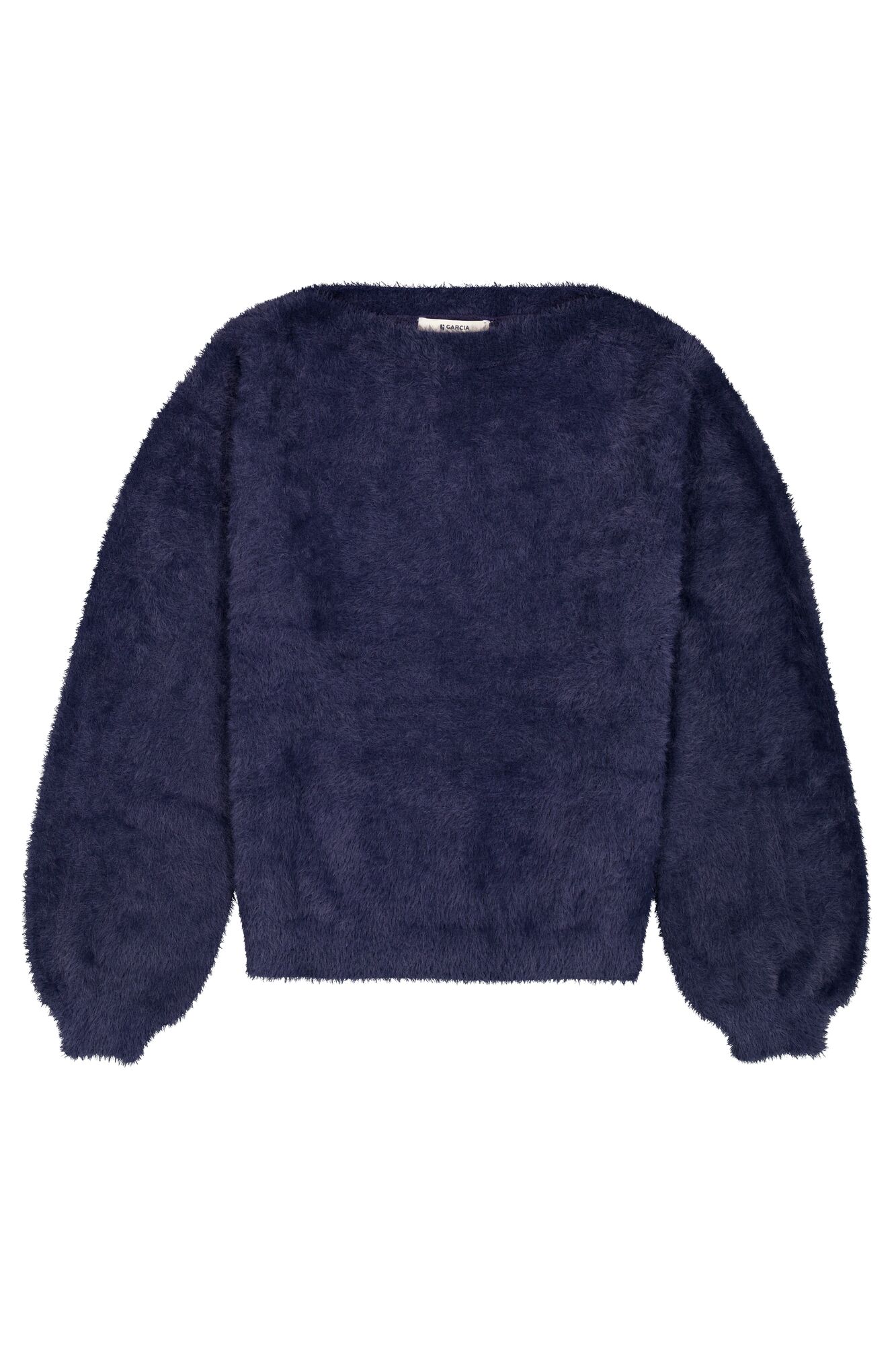 Pull femme GARCIA Maille fil de plume douce et duveteuse Coloris bleu marine Col rond Manches longues Coupe confortable Toucher doux et agréable Facile à associer Style casual chic et cocooning