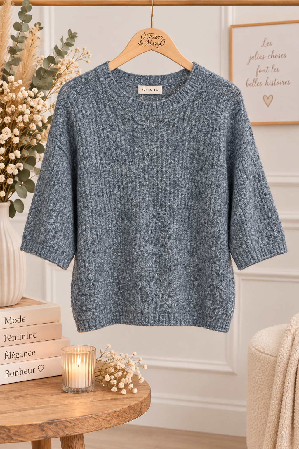 pull gris femme, pull gris Geisha, pull maille femme, pull manches 3/4 femme, pull manches coude, pull gris chiné, pull femme tendance, pull casual chic, pull oversize femme, pull maille douce, pull automne hiver femme, pull confortable femme, mode femme Geisha, pull femme gris, Ô Trésor de MargÔ