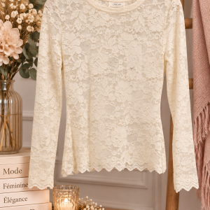 résille beige femme, résille dentelle beige, top dentelle beige, top beige femme, haut dentelle femme, résille CREAM, Pitia CREAM, top Pitia beige, dentelle florale beige, top transparent beige, top manches longues femme, haut féminin chic, dentelle romantique, mode femme, casual chic femme, Ô Trésor de MargÔ