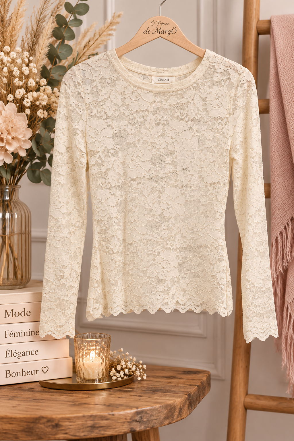 résille beige femme, résille dentelle beige, top dentelle beige, top beige femme, haut dentelle femme, résille CREAM, Pitia CREAM, top Pitia beige, dentelle florale beige, top transparent beige, top manches longues femme, haut féminin chic, dentelle romantique, mode femme, casual chic femme, Ô Trésor de MargÔ