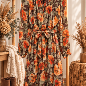 robe courte femme, robe bohème chic, robe fleurie automne, robe fond chocolat, robe fleurs orange, robe fleurs vert sauge, robe fluide femme, robe légère manches longues, robe taille ceinturée, robe romantique, robe automne tendance, robe casual chic, robe élégante femme, mode femme automne, robe imprimé floral, robe bohème automne, robe à ceinture, boutique mode femme, Ô Trésor de MargÔ.