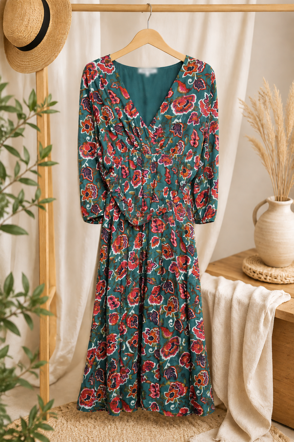 floral, robe bohème automne, robe bohème hiver, robe romantique femme, robe fluide grande taille, robe cache-cœur, robe manches longues, robe élégante femme ronde, mode femme grande taille, robe confortable, robe tendance, robe bohème verte, robe fleurie automne, vêtements femme grande taille, robe casual chic, robe longue fluide.