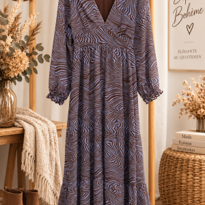 robe bohème chic, robe longue femme, robe automne femme, robe zébrée, robe imprimé zèbre bleu, robe chocolat femme, robe empire, robe cache-cœur, robe décolleté V, robe manches longues, robe à volant, robe fluide femme, robe élégante, robe tendance automne, mode femme automne, robe bohème élégante, robe imprimée, tenue bohème chic, collection automne femme, robe féminine.