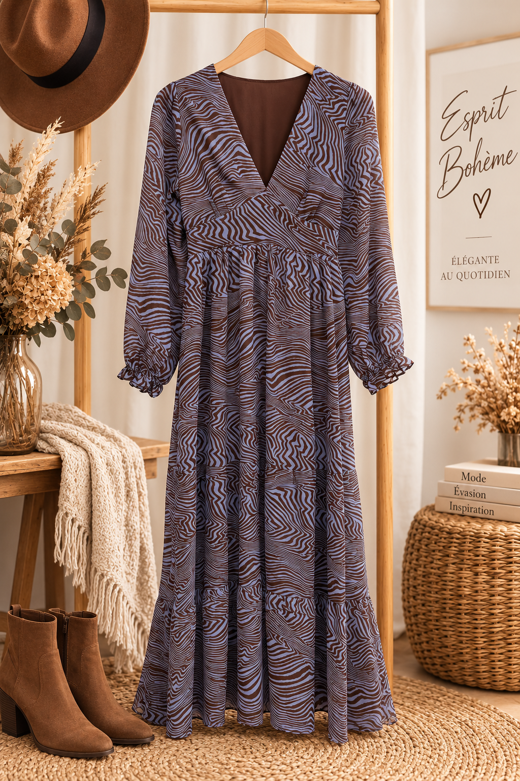 robe bohème chic, robe longue femme, robe automne femme, robe zébrée, robe imprimé zèbre bleu, robe chocolat femme, robe empire, robe cache-cœur, robe décolleté V, robe manches longues, robe à volant, robe fluide femme, robe élégante, robe tendance automne, mode femme automne, robe bohème élégante, robe imprimée, tenue bohème chic, collection automne femme, robe féminine.