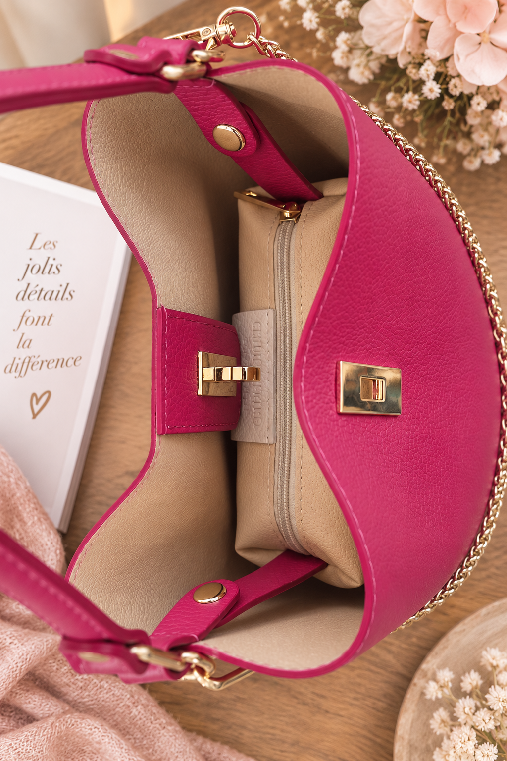 Type : Sac à main femme Matière : Cuir Coloris : Fuchsia Finitions : Dorées Porté : Main / épaule Anse : Anse courte Bandoulière : Chaîne dorée Fermeture : Fermoir métallique Intérieur : Doublure beige Rangement : Compartiment intérieur zippé Style : Chic, féminin, élégant et tendance