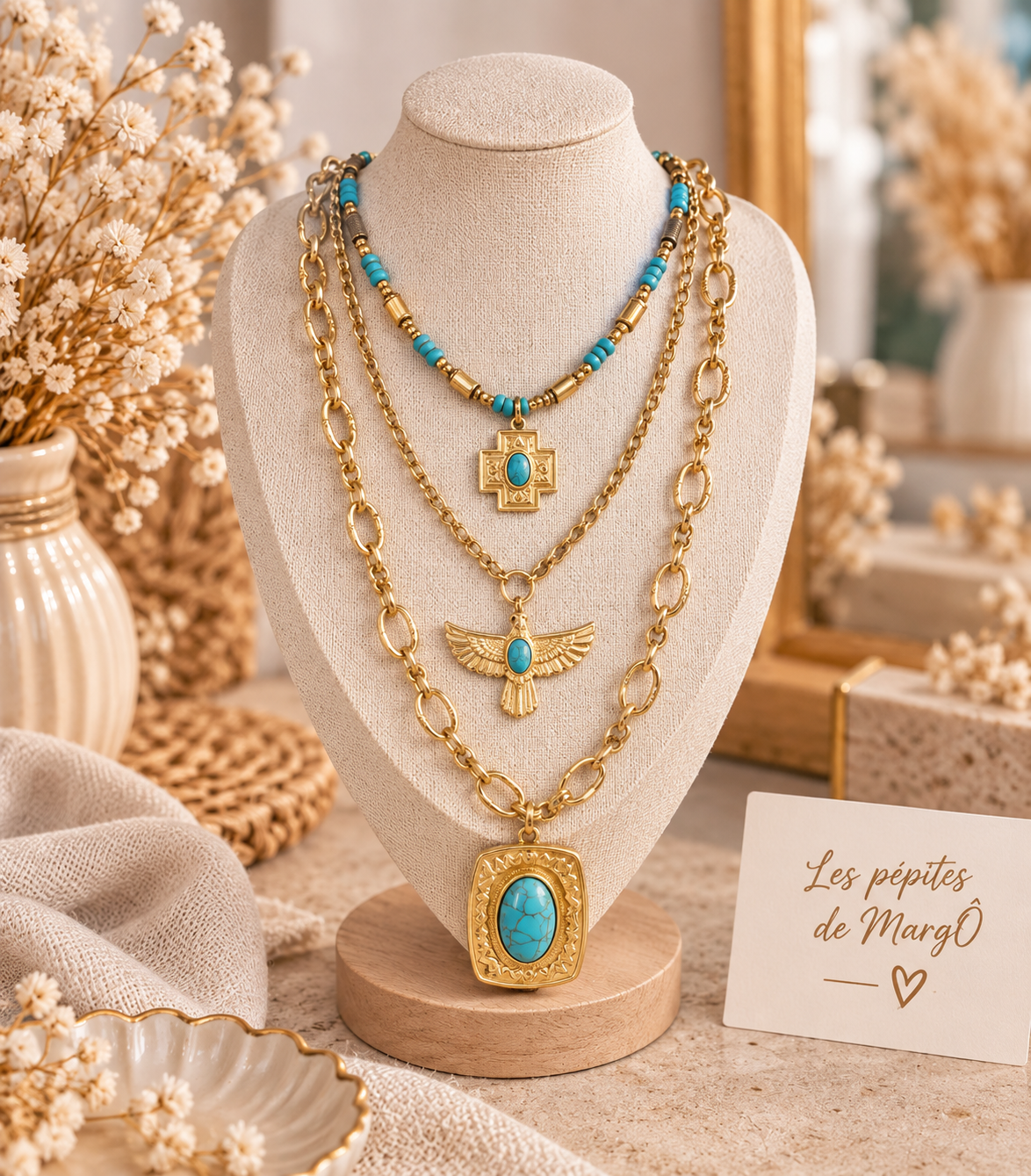sautoir 3 rangs, sautoir turquoise, collier turquoise femme, sautoir doré femme, collier 3 rangs, collier acier inoxydable, bijou turquoise, bijou doré femme, sautoir bohème chic, collier bohème, collier superposé, bijou femme turquoise, sautoir tendance femme, collier 45 cm, collier 50 cm