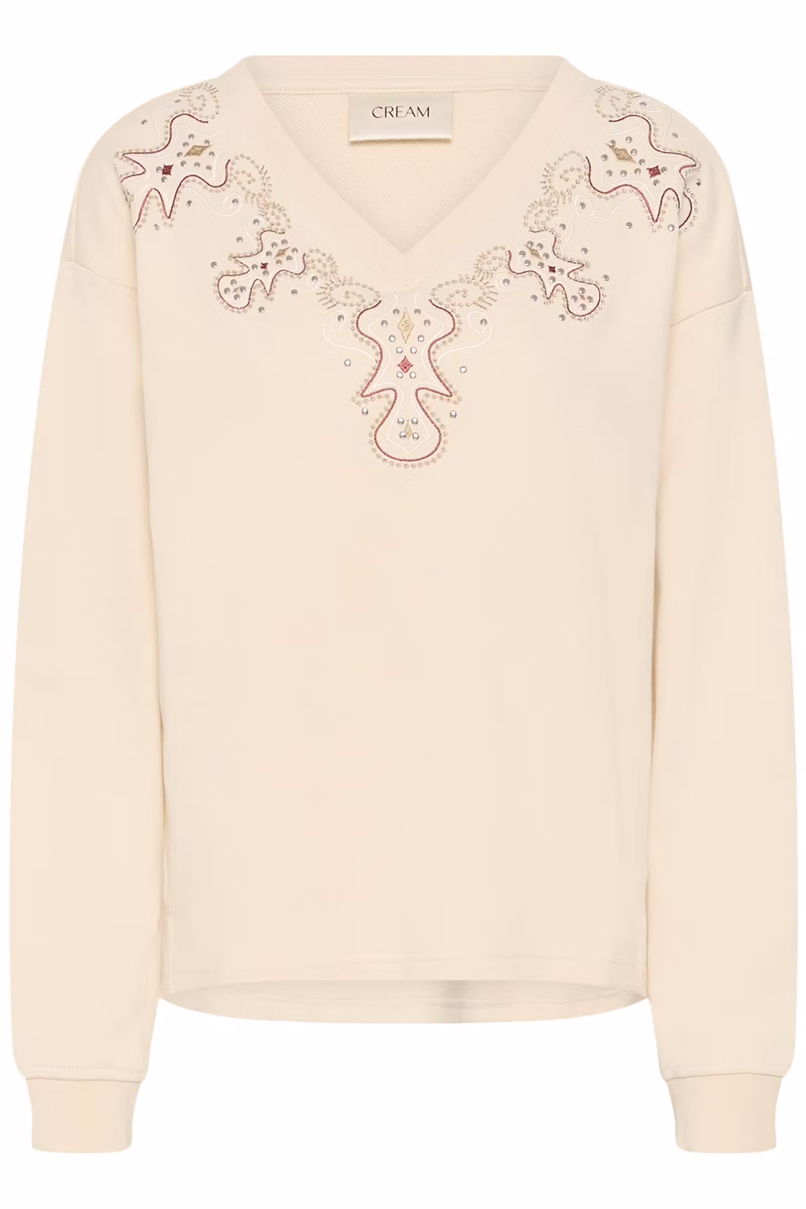 Sweat femme CREAM Coloris beige / écru Col V Jolies broderies décoratives sur le devant Détails délicatement brillants Manches longues Poignets côtelés Style casual chic et féminin Facile à associer