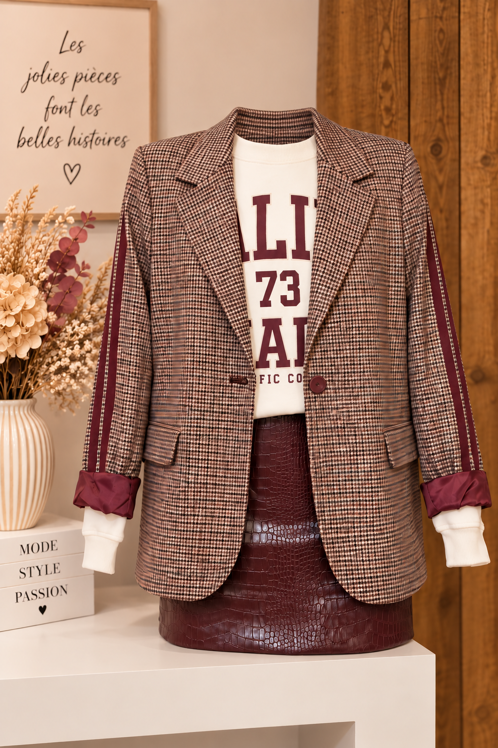 Jupe courte GEISHA en similicuir bordeaux effet croco. Une pièce tendance, chic et féminine, parfaite avec le sweat blanc & bordeaux et le blazer assorti.